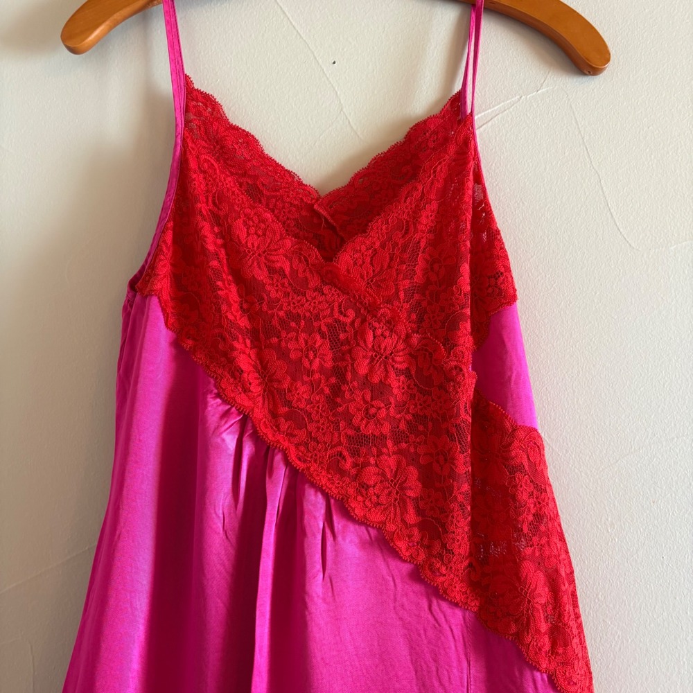 Topshop Hot Pink Satin Red Lace Maxi Nightgown Slip Dress Side Slit Fuchsia SZ 6 - Picture 4 of 13